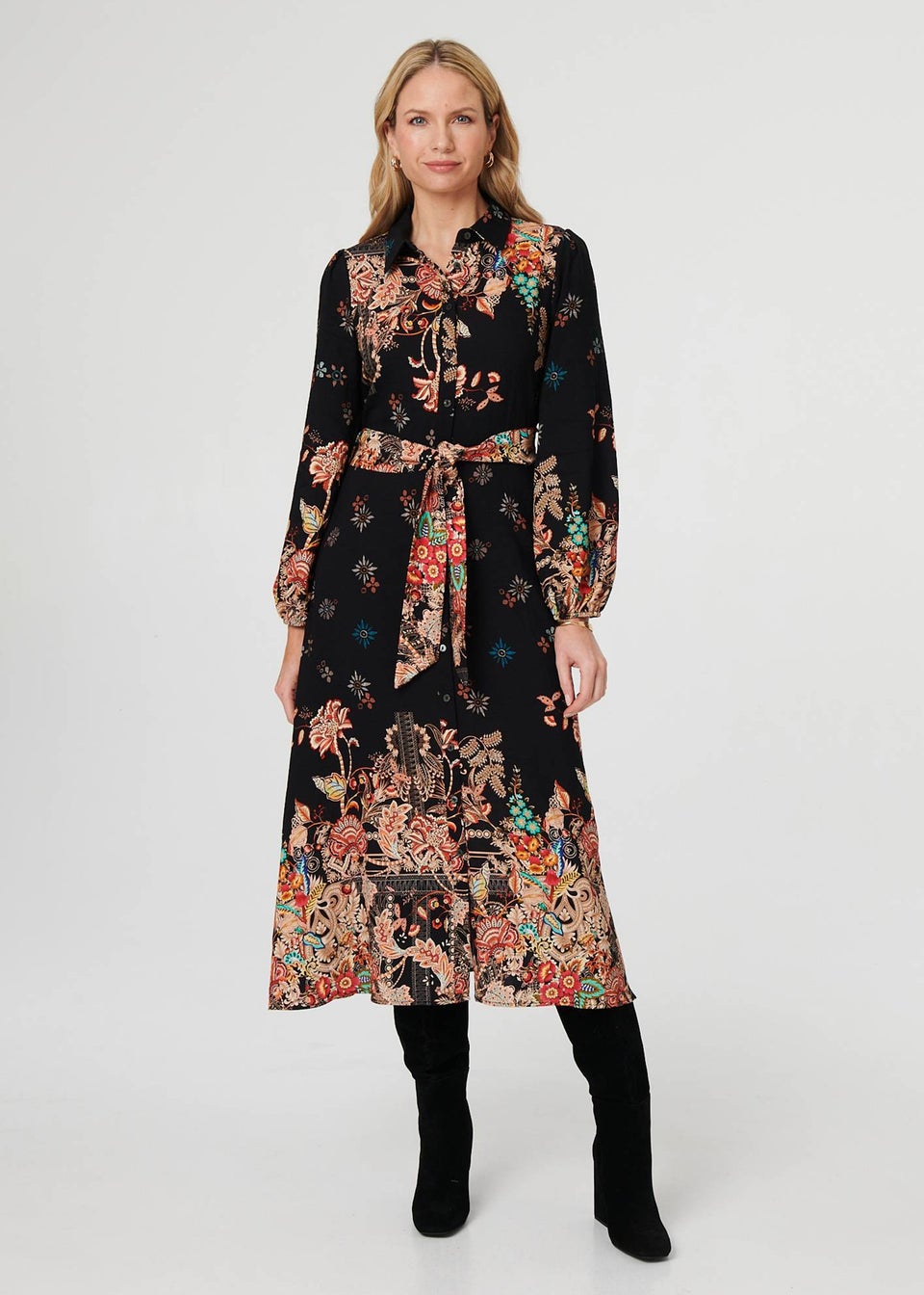 Izabel London Black Floral Tie Waist Maxi Shirt Dress
