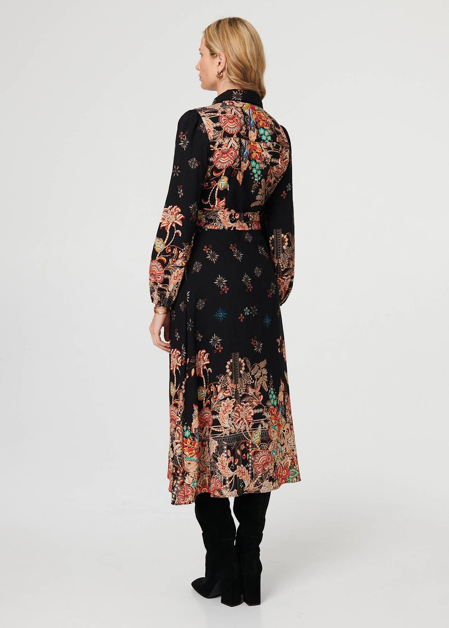 Izabel London Black Floral Tie Waist Maxi Shirt Dress