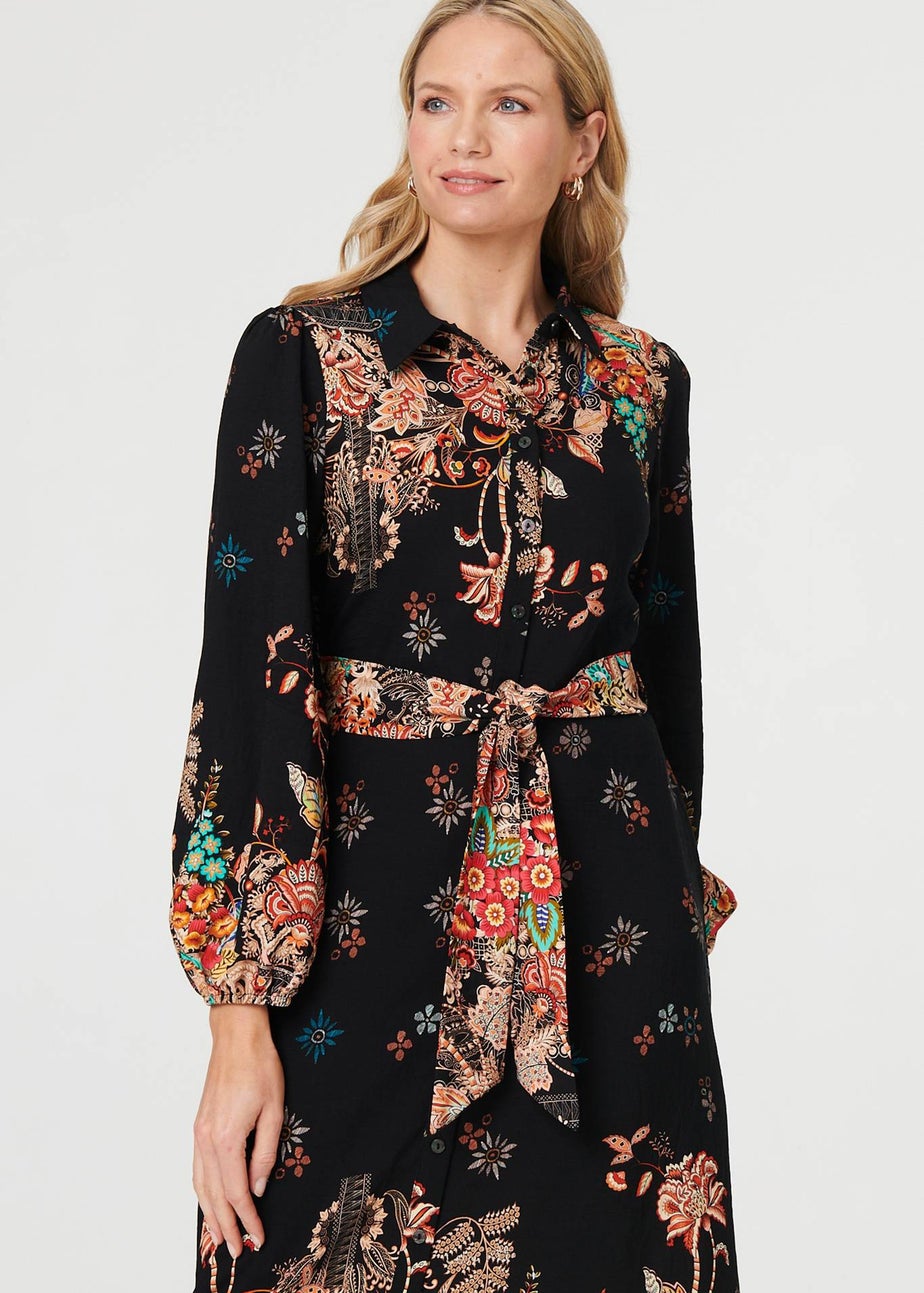 Izabel London Black Floral Tie Waist Maxi Shirt Dress