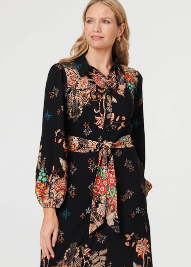 Izabel London Black Floral Tie Waist Maxi Shirt Dress