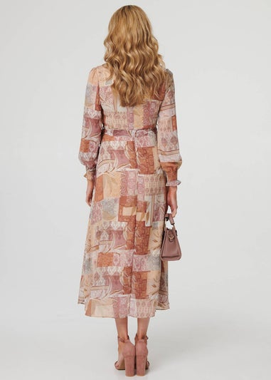 Izabel London Rust Patchwork Tie Long Sleeve Maxi Dress