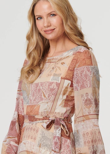 Izabel London Rust Patchwork Tie Long Sleeve Maxi Dress