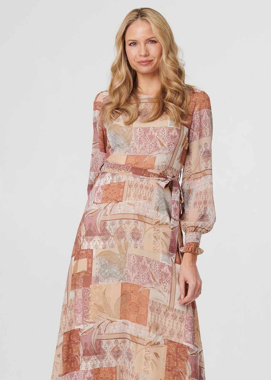 Izabel London Rust Patchwork Tie Long Sleeve Maxi Dress