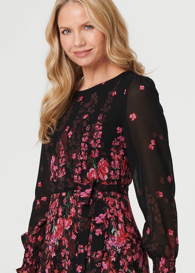 Izabel London Black Floral Tie Waist Sheer Layer Maxi Dress