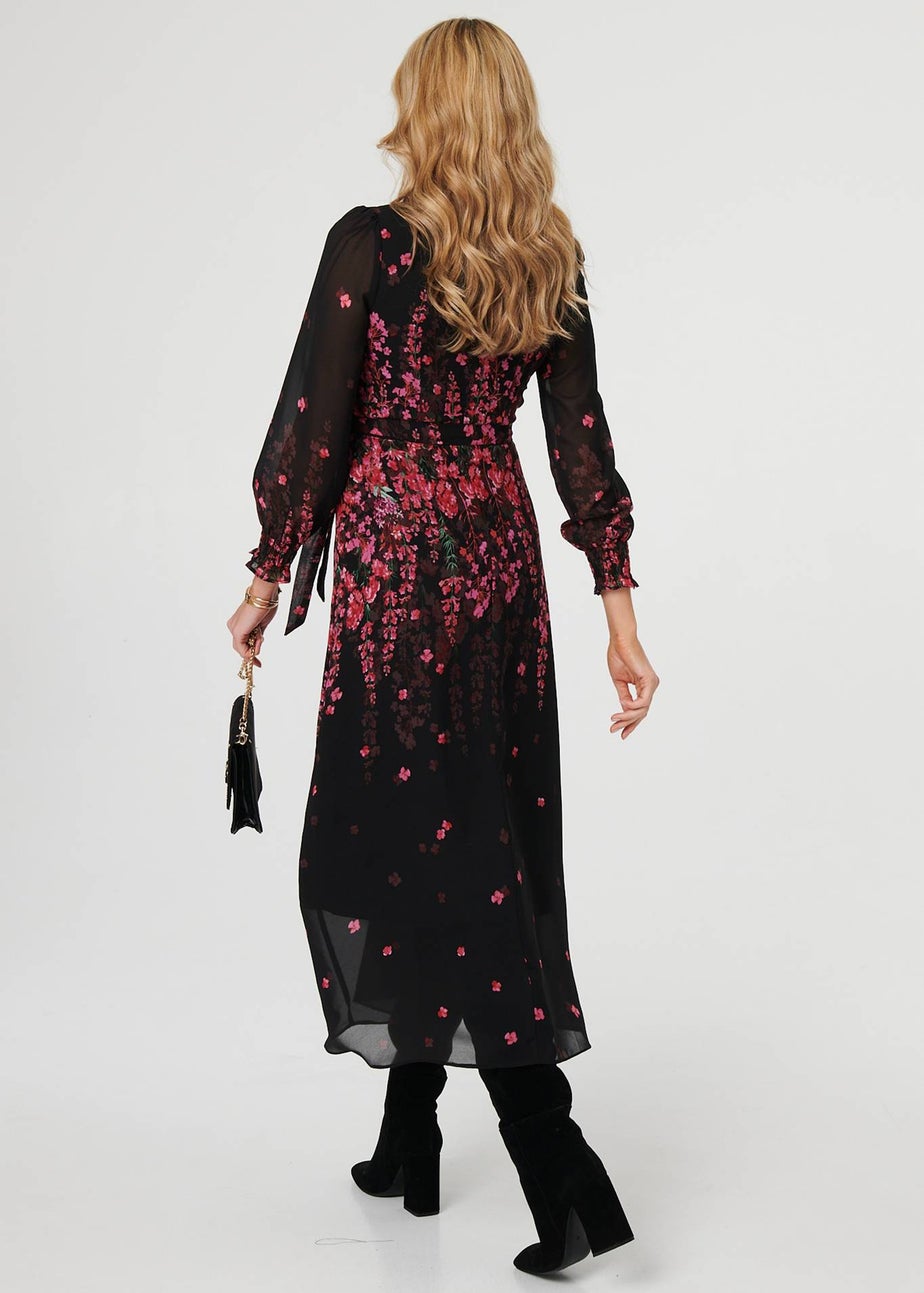 Izabel London Black Floral Tie Waist Sheer Layer Maxi Dress