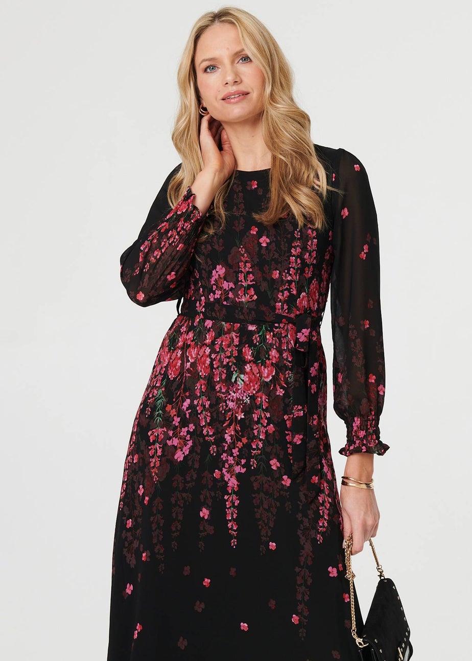 Izabel London Black Floral Tie Waist Sheer Layer Maxi Dress