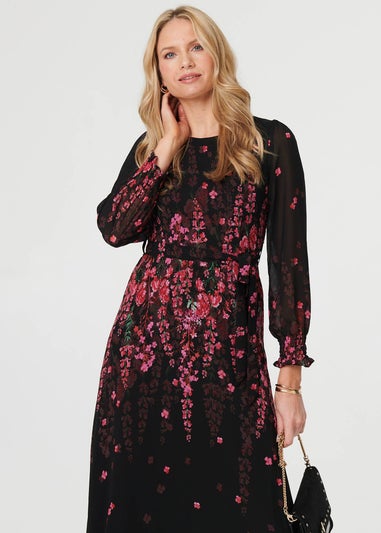 Izabel London Black Floral Tie Waist Sheer Layer Maxi Dress