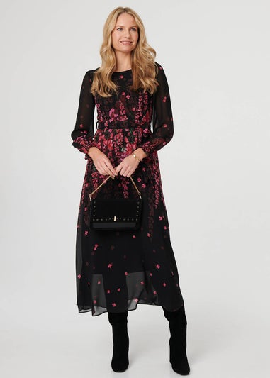 Izabel London Black Floral Tie Waist Sheer Layer Maxi Dress