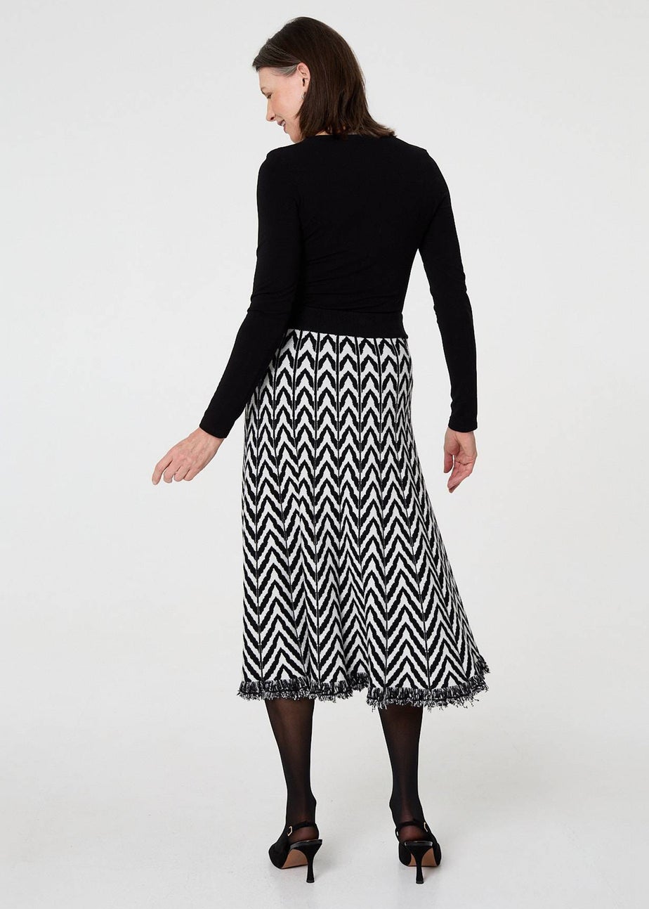 Izabel London Black Chevron Print Fringed Knit Midi Skirt