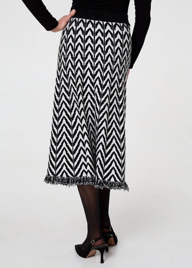 Izabel London Black Chevron Print Fringed Knit Midi Skirt