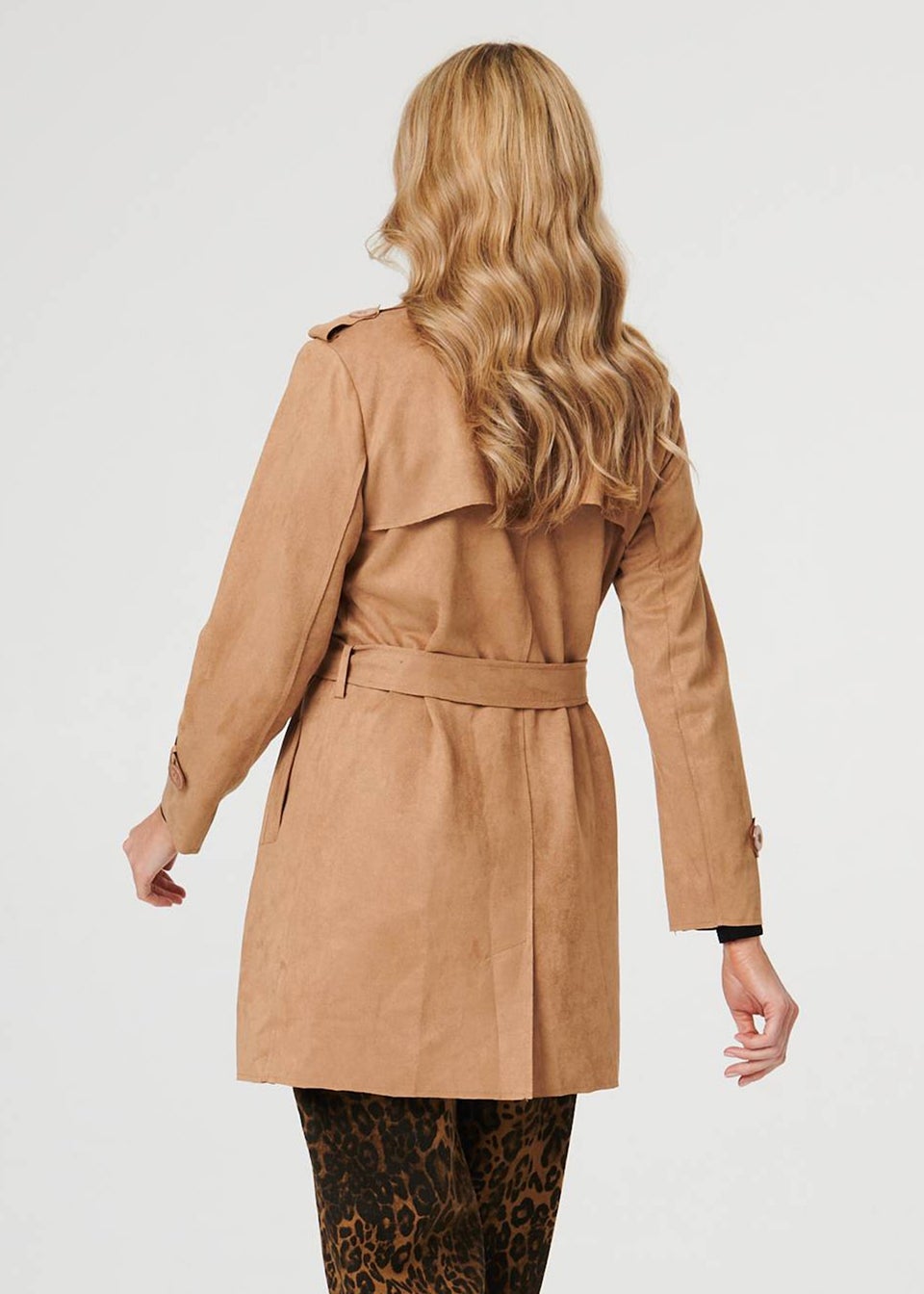 Izabel London Beige Faux Suede Double Breasted Trench Coat