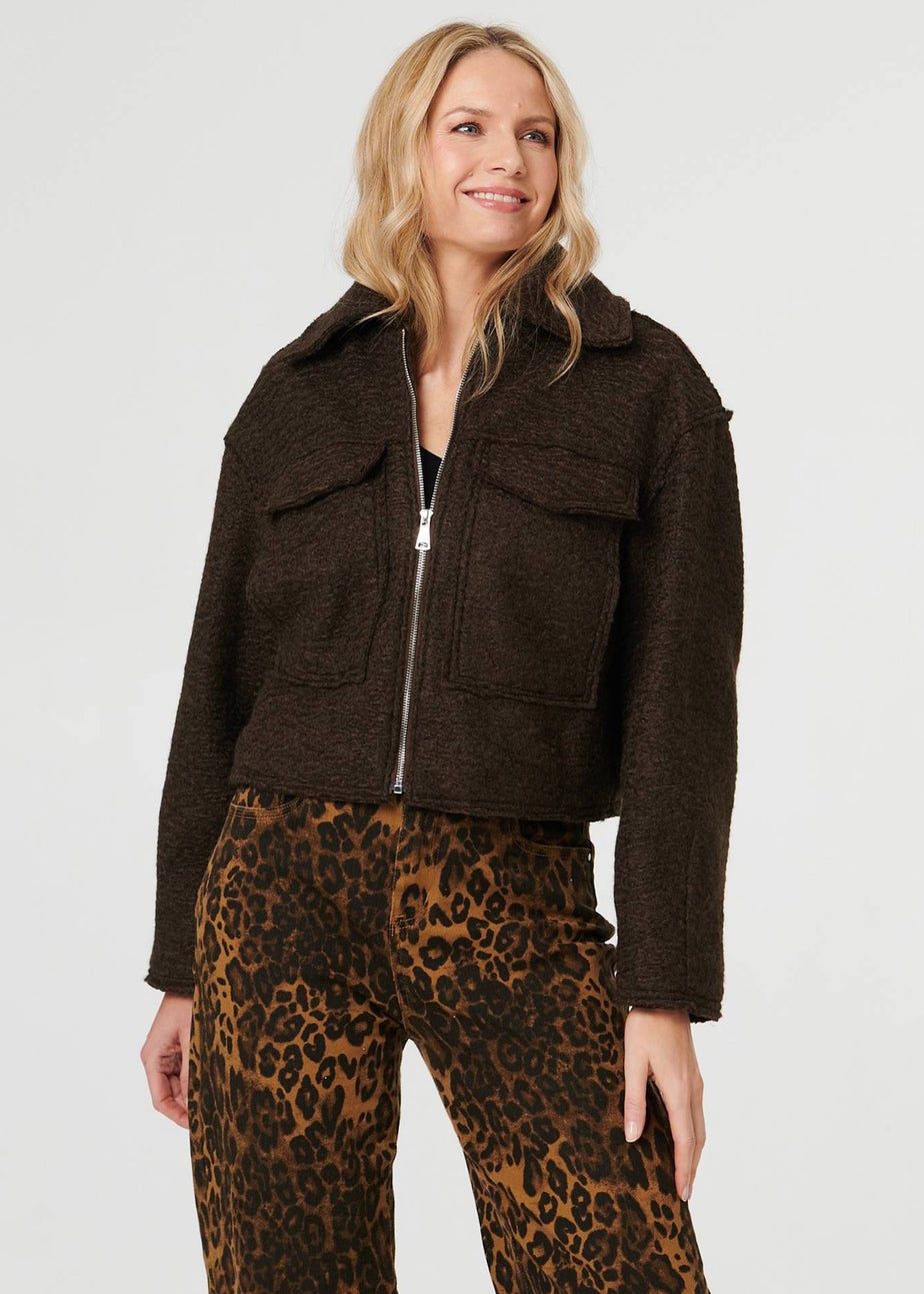 Izabel London Brown Collared Pocket Front Cropped Jacket