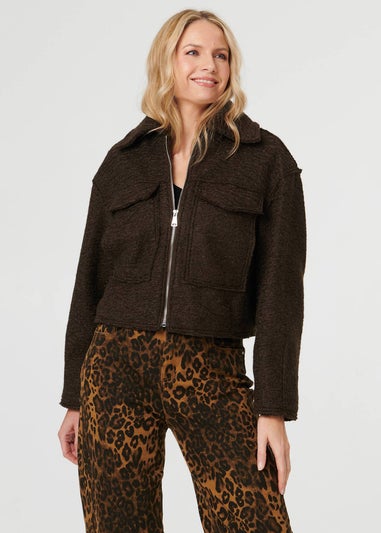 Izabel London Brown Collared Pocket Front Cropped Jacket