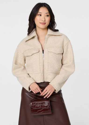 Izabel London Beige Collared Pocket Front Cropped Jacket