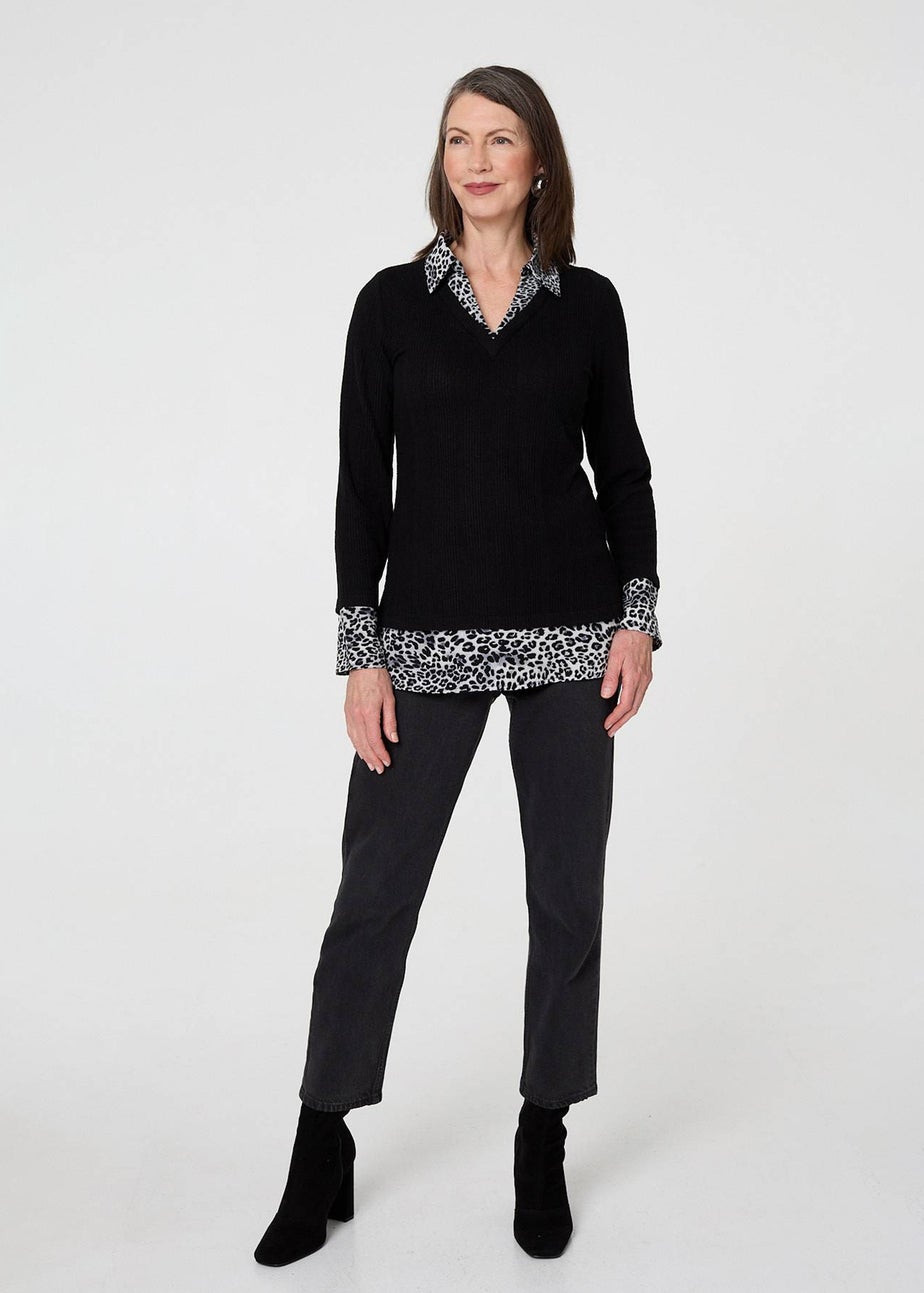 Izabel London Black Animal Print Layered Shirt Jumper Top