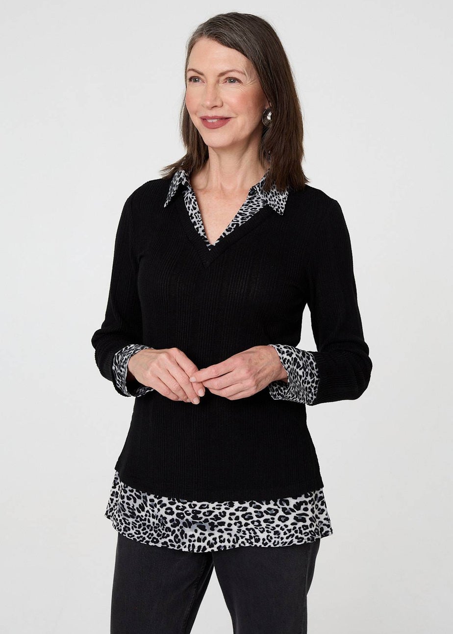 Izabel London Black Animal Print Layered Shirt Jumper Top