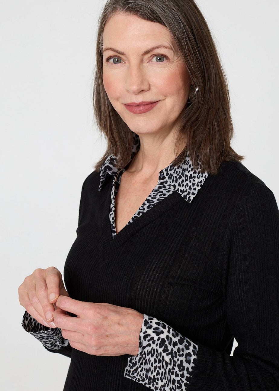 Izabel London Black Animal Print Layered Shirt Jumper Top