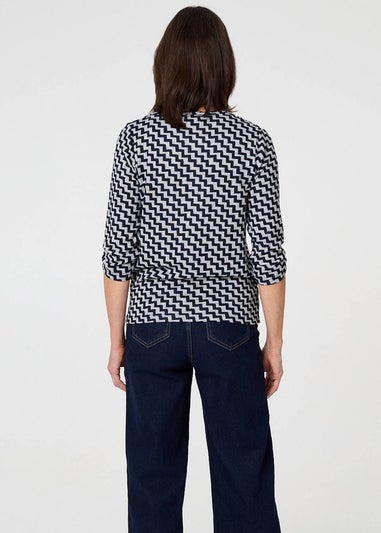 Izabel London Navy Chevron Print 3/4 Sleeve Wrap Front Top
