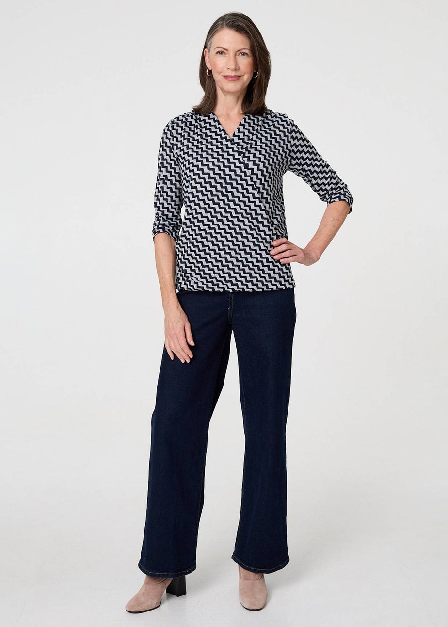Izabel London Navy Chevron Print 3/4 Sleeve Wrap Front Top