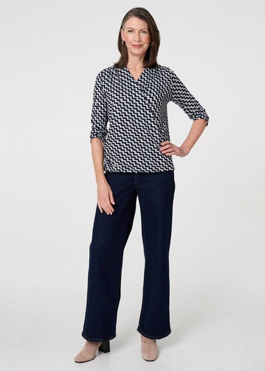 Izabel London Navy Chevron Print 3/4 Sleeve Wrap Front Top