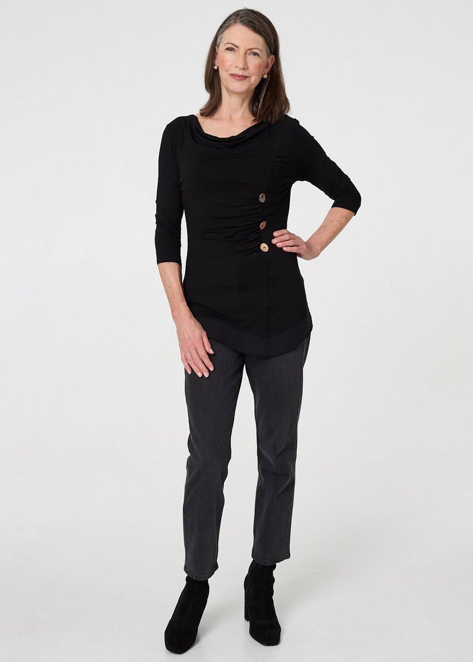 Izabel London Black Button Detail Ruched 3/4 Sleeve Top