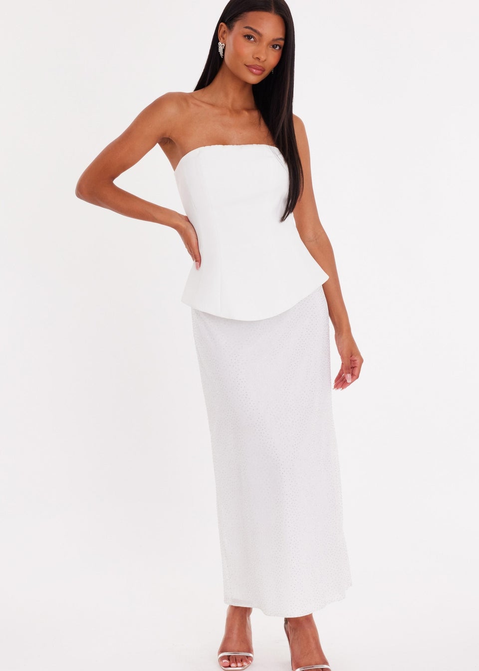Quiz White Glitter Mesh Bandeau Midaxi Dress
