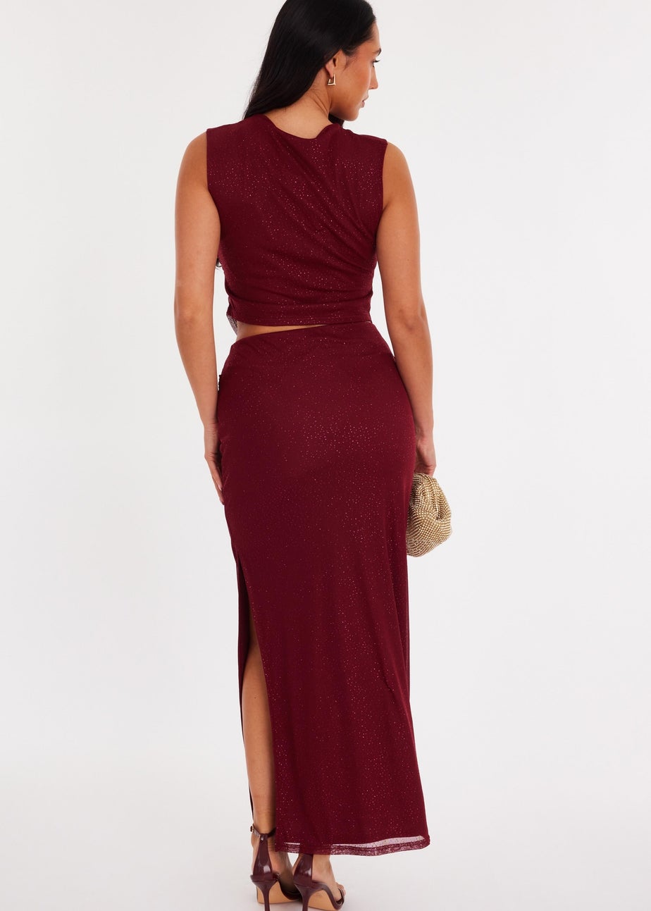 Quiz Burgundy Glitter Mesh Maxi Skirt