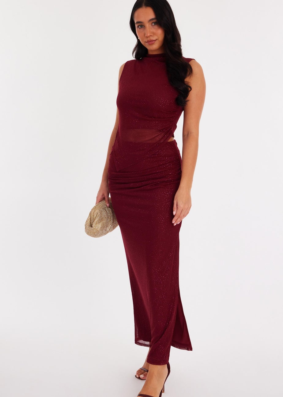 Quiz Burgundy Glitter Mesh Maxi Skirt