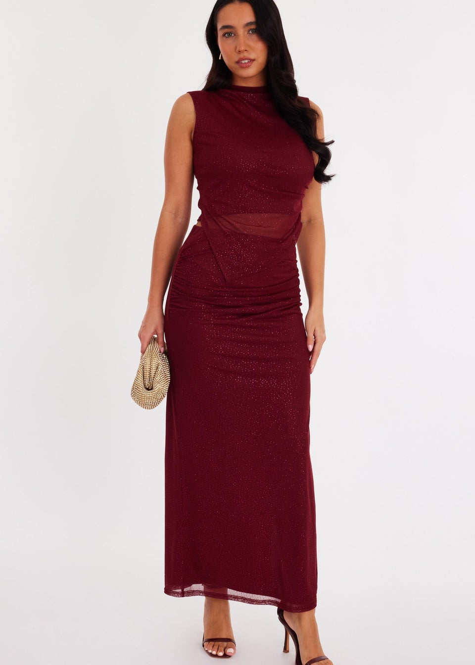 Quiz Burgundy Glitter Mesh Maxi Skirt