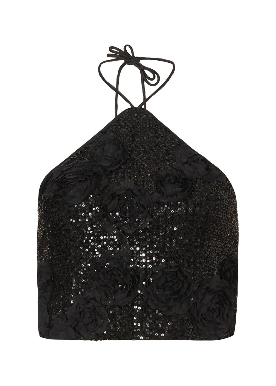Quiz Black Sequin Floral Halter Top