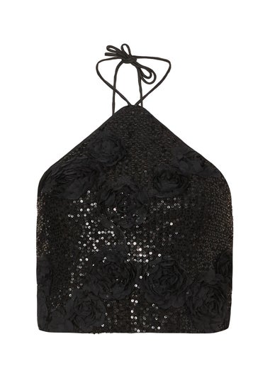 Quiz Black Sequin Floral Halter Top