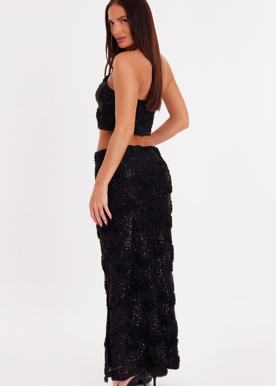 Quiz Black Sequin Floral Halter Top