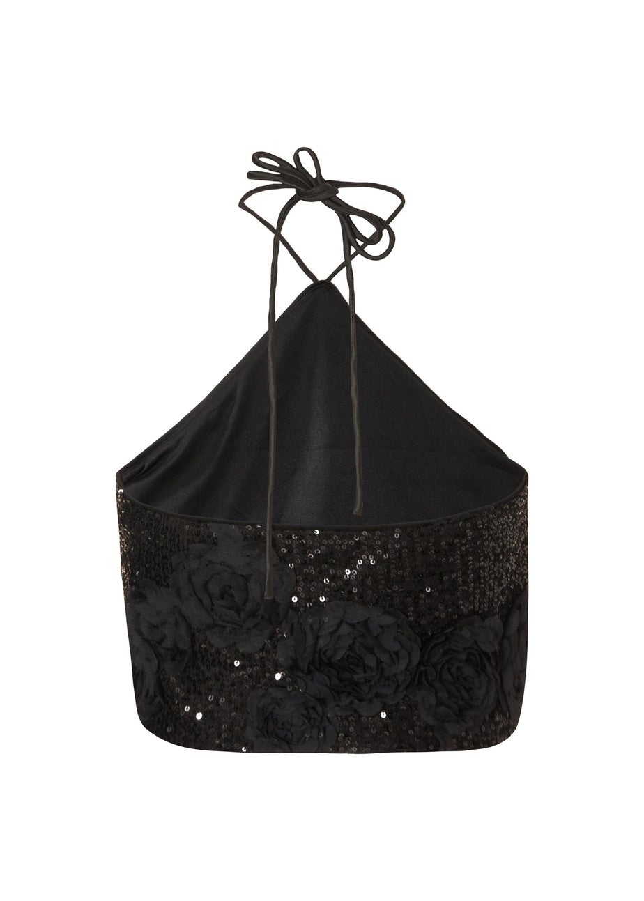 Quiz Black Sequin Floral Halter Top