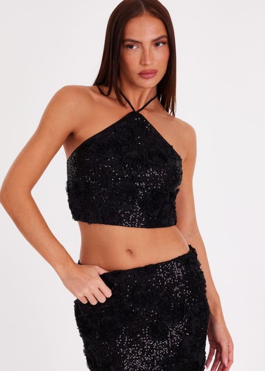 Quiz Black Sequin Floral Halter Top