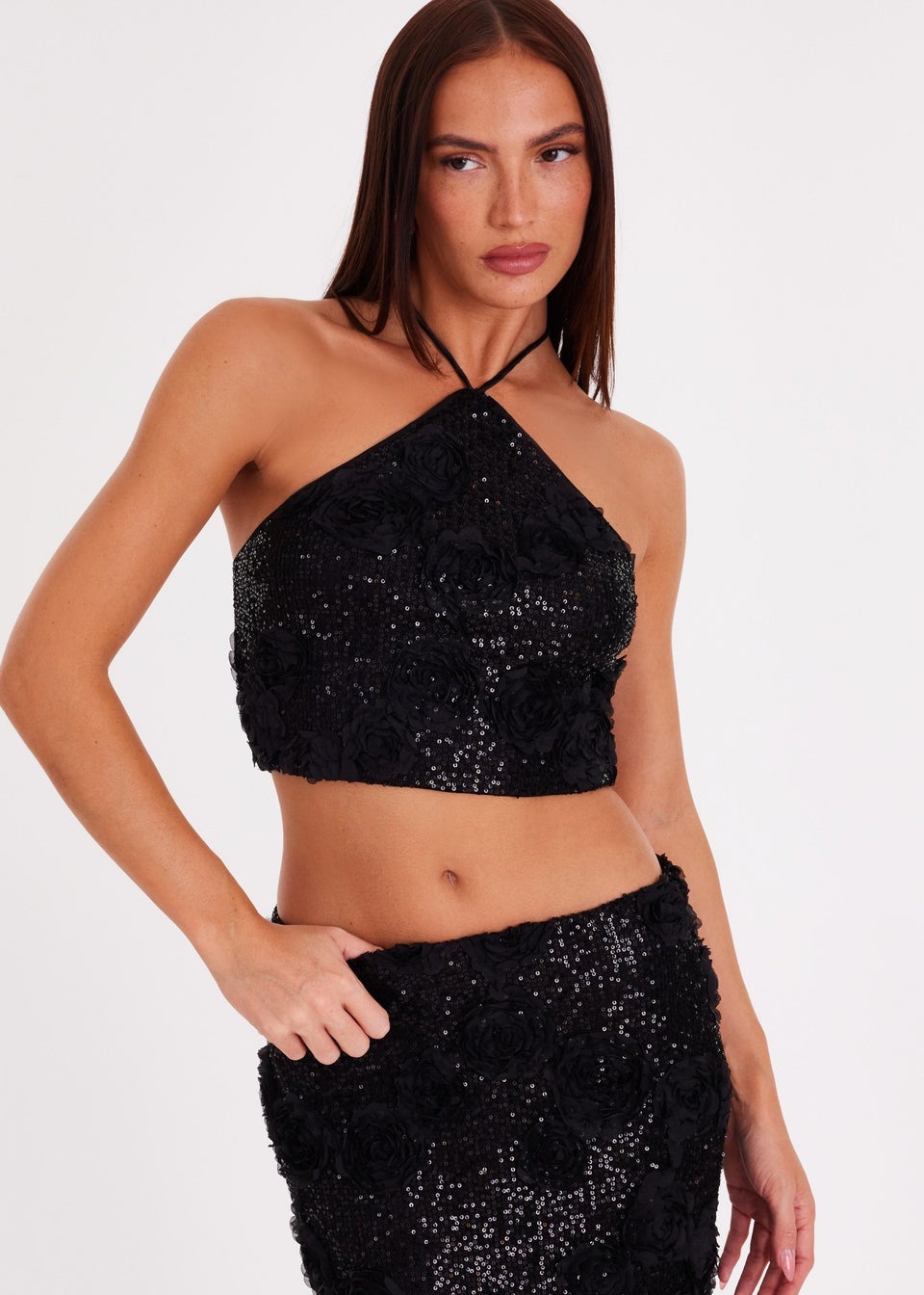 Quiz Black Sequin Floral Halter Top