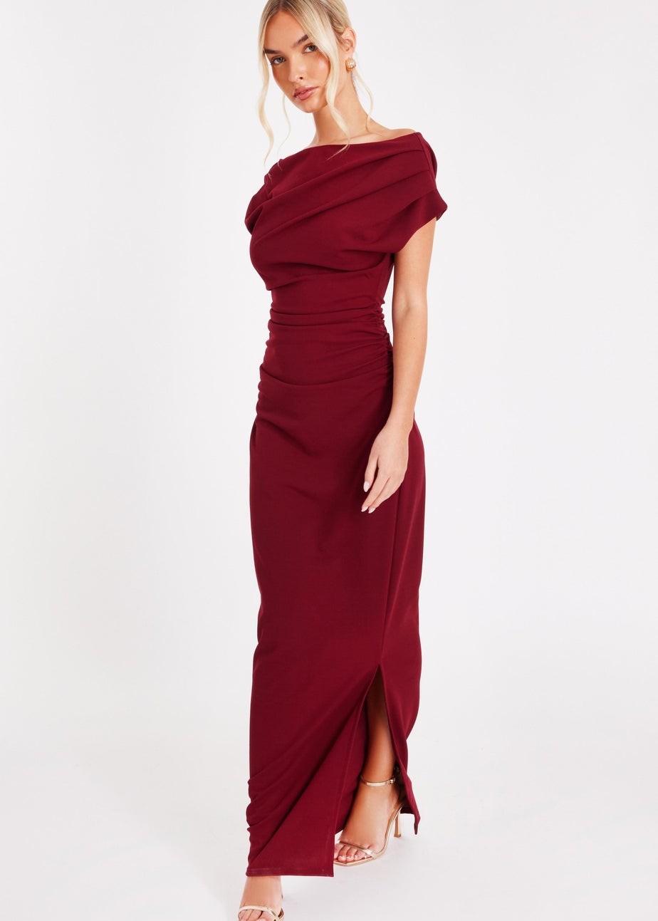 Quiz Burgundy Asymmetric Ruched Maxi Dress