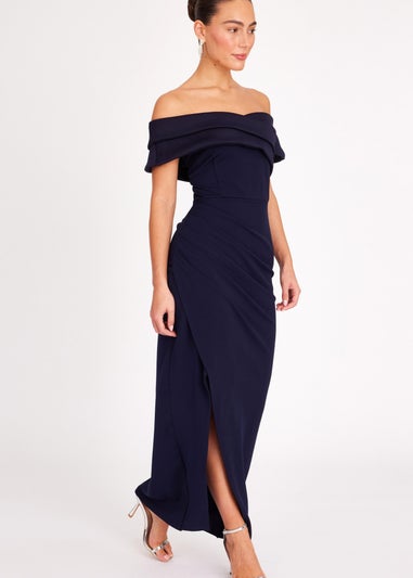 Quiz Navy Pleated Bardot Wrap Maxi Dress