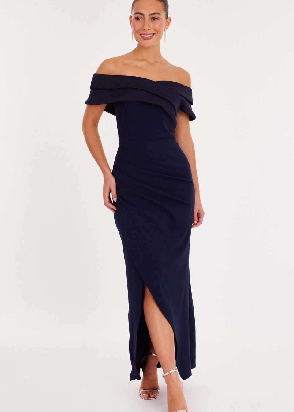 Quiz Navy Pleated Bardot Wrap Maxi Dress