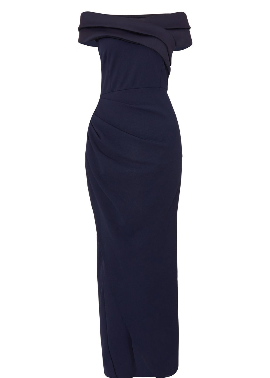 Quiz Navy Pleated Bardot Wrap Maxi Dress