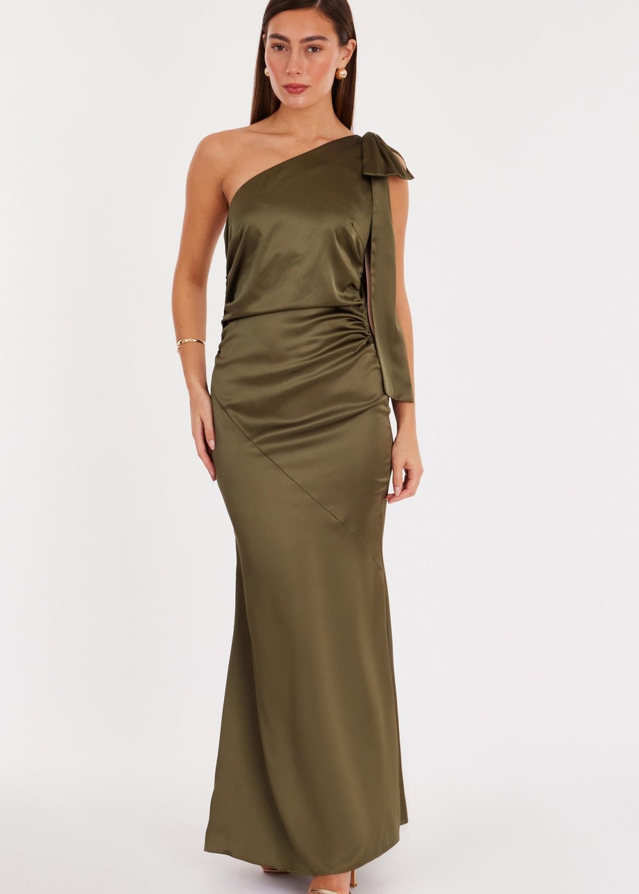 Quiz Green Satin Bow Shoulder Midaxi Dress