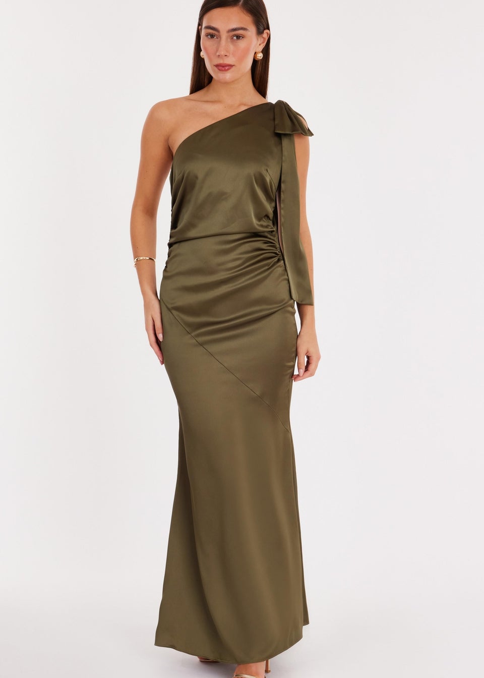 Quiz Green Satin Bow Shoulder Midaxi Dress