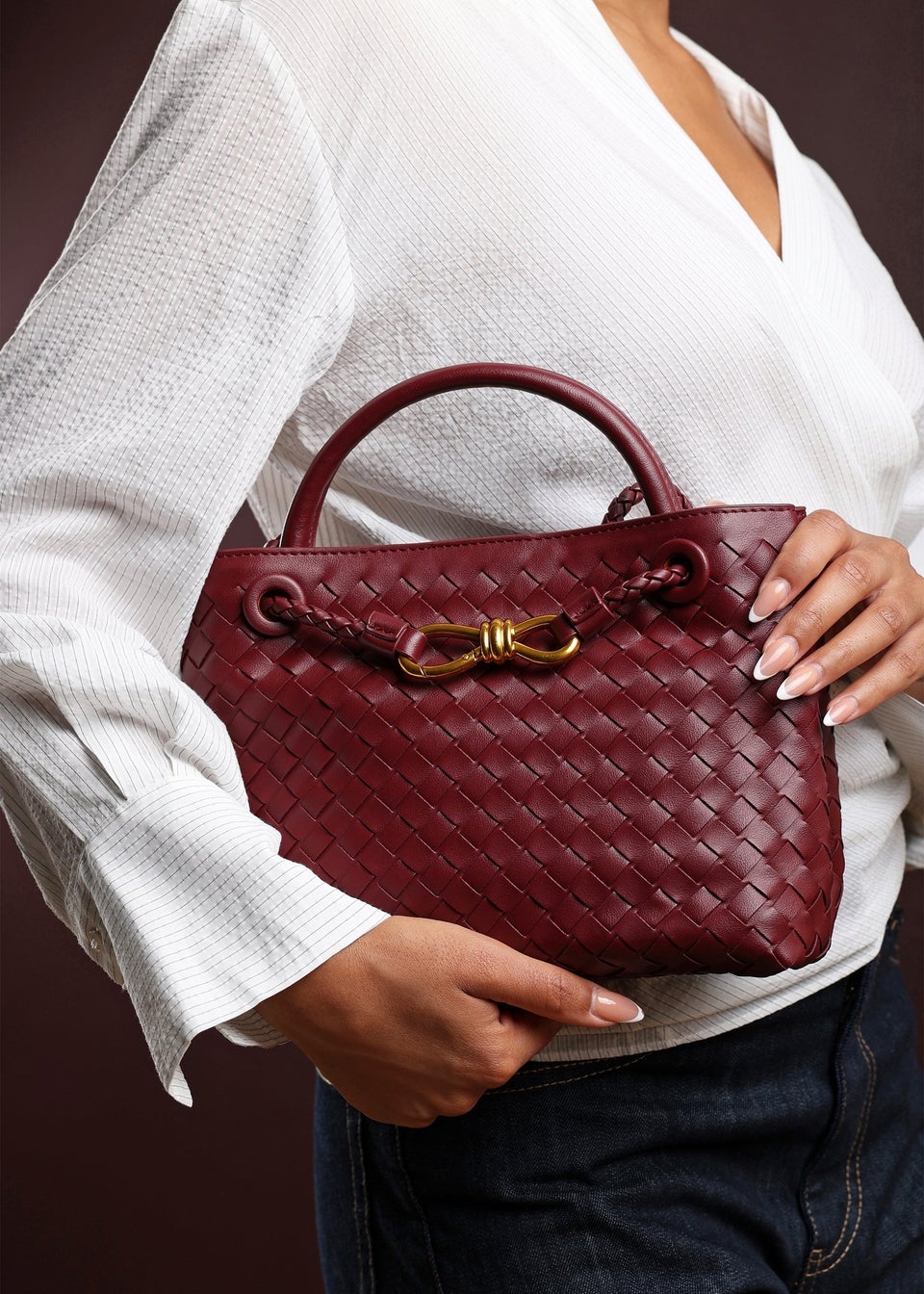 Where's That From Luna Maroon Woven PU Tote Bag Gold Detail