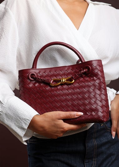 Where's That From Luna Maroon Woven PU Tote Bag Gold Detail