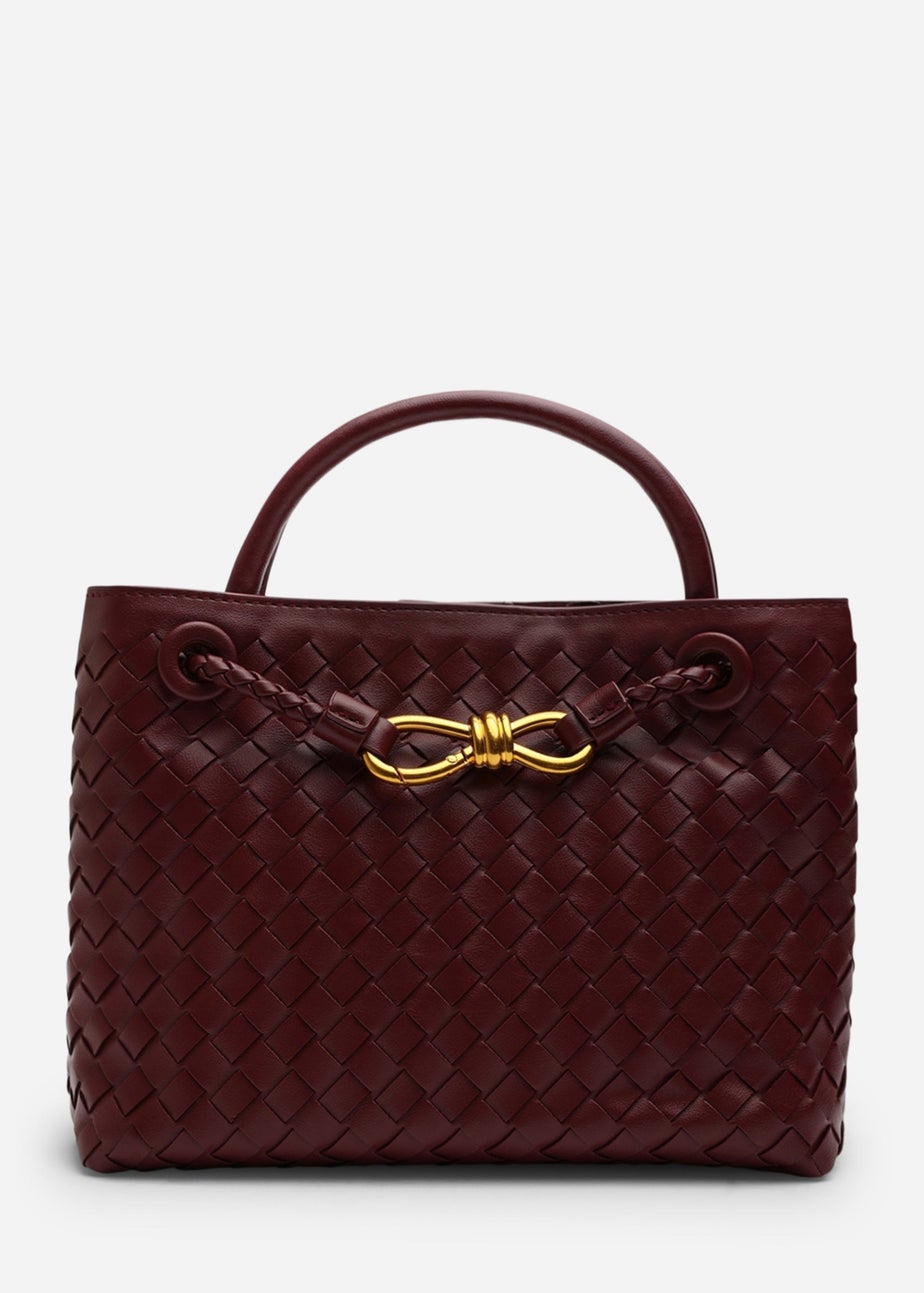 Where's That From Luna Maroon Woven PU Tote Bag Gold Detail