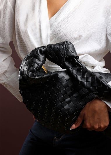 Where’s That From Aqua Black PU Woven Shoulder Bag