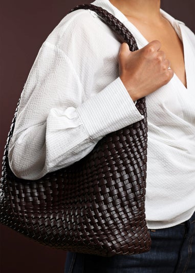 Where’s That From Stone Dark Brown PU Weave Shoulder Bag