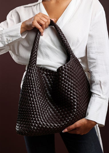 Where’s That From Stone Dark Brown PU Weave Shoulder Bag