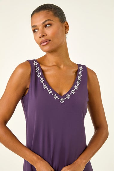 Roman Purple Embellished V-Neck Stretch Vest Top