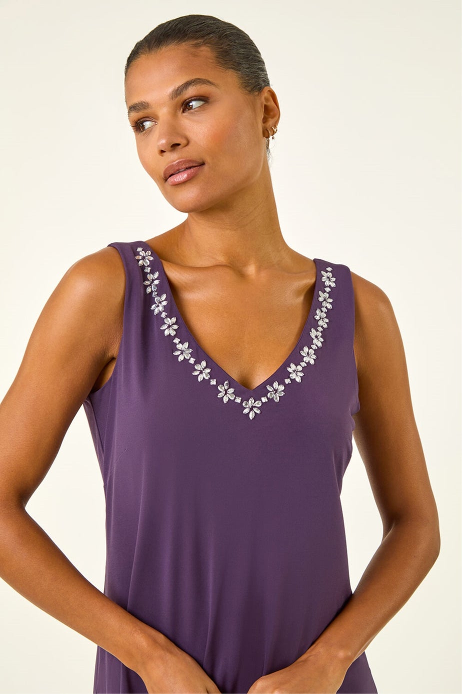 Roman Purple Embellished V-Neck Stretch Vest Top