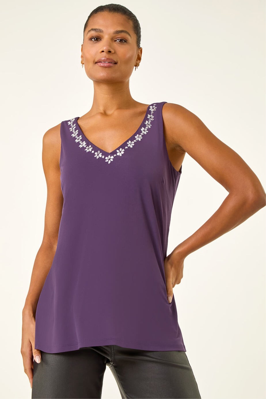 Roman Purple Embellished V-Neck Stretch Vest Top